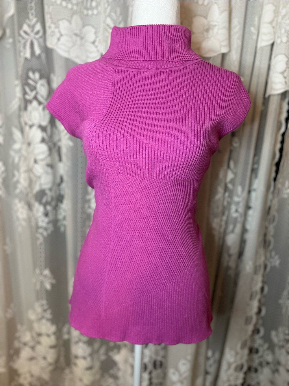 Jones New York Short-Sleeve Ribbed Turtleneck - Fuchsia Pink XL